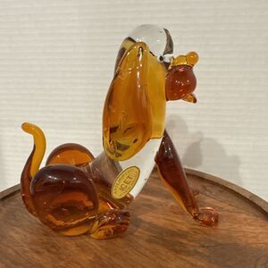 Arte Murano ICET Made in Venezuela Clear Amber And Clear Glass Sitting Dog 5.25”